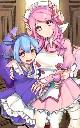 Rule 34 | 2girls, animal ears, apron, back bow, blue hair, blue kimono, blush, bow, braid, breasts, brown horns, choker, collared dress, commentary request, cowboy shot, door, dragon ears, dragon girl, dragon horns, dragon tail, dragonmaid (yu-gi-oh!), dress, duel monster, fang, frilled apron, frills, gauntlets, hair between eyes, hair ornament, hair over shoulder, hairclip, hat, head tilt, highres, horns, hug, japanese clothes, kappougi, kimono, lace-trimmed apron, lace trim, large breasts, laundry dragonmaid, long hair, long sleeves, looking at viewer, low twintails, low wings, maid, maid apron, mixed maids, multicolored hair, multiple girls, nurse cap, nurse dragonmaid, open door, open mouth, pantyhose, parted bangs, pink dress, pink eyes, pink hair, pink horns, pink wings, pinyata (pinyaland), puffy short sleeves, puffy sleeves, short sleeves, sidelocks, smile, standing, tail, twintails, wa maid, white choker, white legwear, wide sleeves, wings, yellow eyes, yu-gi-oh!