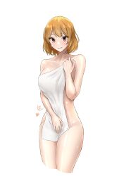 Rule 34 | 1girl, bandaid, bandaid on face, bare shoulders, breasts, brown eyes, collarbone, covering breasts, covering privates, cowboy shot, highres, kantai collection, light brown hair, medium breasts, naked towel, oboro (kancolle), short hair, shushan, simple background, solo, standing, towel, white background