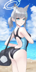 Rule 34 | absurdres, animal ear fluff, animal ears, ass, bag, beach, black one-piece swimsuit, blue archive, blue eyes, blue sky, breasts, cloud, commentary request, competition swimsuit, cowboy shot, cross hair ornament, day, extra ears, from behind, grey hair, hair ornament, halo, highres, horizon, likuo, looking at viewer, looking back, low ponytail, medium hair, mismatched pupils, multicolored clothes, multicolored swimsuit, ocean, official alternate costume, one-piece swimsuit, outdoors, partial commentary, shiroko (blue archive), shiroko (swimsuit) (blue archive), sky, small breasts, standing, swimsuit, wolf ears