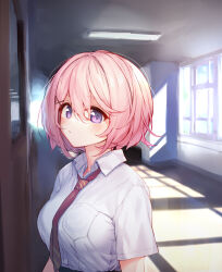 Rule 34 | 1girl, absurdres, blush, breasts, closed mouth, collared shirt, commentary, hair between eyes, hallway, highres, indoors, large breasts, looking at viewer, necktie, original, pink hair, pocket, purple eyes, red necktie, shirt, short sleeves, solo, tai (e3d1p), upper body, white shirt, window