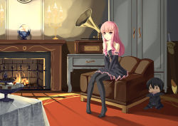 Rule 34 | 1boy, 1girl, :t, absurdres, black hair, black thighhighs, breasts, candelabra, candle, candlestand, chibi, cleavage, drill hair, fire, fireplace, grandgua, highres, louise francoise le blanc de la valliere, off shoulder, phonograph, pink hair, small breasts, table, tablecloth, thighhighs, yellow eyes, zero no tsukaima