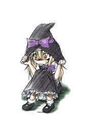 Rule 34 | 1girl, aozora market, blonde hair, bow, eyebrows, eyes visible through hair, female focus, frills, hair bow, hat, hat bow, hat tug, kirisame marisa, long hair, mary janes, ribbon, scared, shaded face, shoes, short sleeves, simple background, sitting, socks, solo, sweat, sweatdrop, touhou, white background, witch, witch hat, yellow eyes