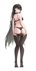 Rule 34 | 1girl, absurdres, alternate costume, ass, bare arms, bare back, bare shoulders, black bra, black hair, black panties, blue archive, bra, breasts, bright pupils, brown pantyhose, closed mouth, clothes pull, from behind, full body, hair ornament, hairclip, highres, long hair, long legs, looking at viewer, looking back, median furrow, medium breasts, no shoes, panties, pantyhose, pantyhose pull, pout, red eyes, rio (blue archive), simple background, solo, soriham, standing, thighs, tiptoes, underwear, very long hair, white background