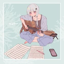 Rule 34 | 1girl, guitar, hmng, instrument, music, pants, pen, phone, playing instrument, shirt, sitting, solo