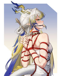 1girl absurdres arknights arms_behind_back bdsm belt blonde_hair blue_eyes bondage bound choker from_below gag gagged grey_hair highres horns multicolored_hair piercing restrained ring_gag saliva shibari shibari_over_clothes shinebell shu_(arknights) sidelocks skindentation split-color_hair tail tongue tongue_out tongue_piercing tongue_piercing_gag