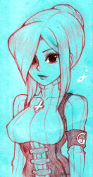Rule 34 | 1girl, alternate costume, alternate hairstyle, armband, breasts, corset, cross, cross necklace, hair bun, hair over one eye, hair up, jewelry, jorby alano, large breasts, lips, monochrome, necklace, parasoul (skullgirls), ribbed sweater, short hair, sidelocks, single hair bun, skullgirls, solo, sweater, turtleneck