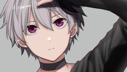Rule 34 | 1girl, black shirt, choker, close-up, commentary, expressionless, flower (vocaloid), grey background, hand up, looking up, multicolored hair, portrait, purple eyes, purple hair, shirt, short hair, solo, sugoi material, two-tone hair, flower (vocaloid4), vocaloid