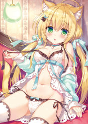 Rule 34 | 1girl, ahoge, ameto yuki, animal ear fluff, animal ears, black ribbon, blonde hair, blue ribbon, blush, breasts, cameltoe, cat ears, cat tail, chestnut mouth, chocolate hair ornament, cleavage, collar, collarbone, frilled panties, frills, green eyes, groin, hair between eyes, hair ornament, highres, indoors, long hair, looking at viewer, medium breasts, navel, original, panties, ribbon, side-tie panties, sideboob, sitting, solo, tail, thighhighs, triangle mouth, underwear, underwear only, very long hair, white panties, white thighhighs