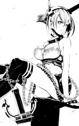 Rule 34 | 10s, 1girl, anchor, bad anatomy, black thighhighs, breasts, chain, greyscale, highres, kairyuu (drshellon), kantai collection, looking to the side, medium breasts, midriff, monochrome, mutsu (kancolle), navel, short hair, sitting, solo, thighhighs, white background