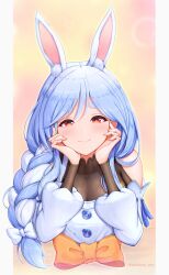 Rule 34 | 1girl, animal ear fluff, animal ears, blue hair, blush, braid, braided ponytail, cropped torso, detached sleeves, highres, hololive, long hair, looking at viewer, mature female, multicolored hair, napozouattop, pekomama, rabbit-shaped pupils, rabbit ears, rabbit girl, red eyes, short eyebrows, smile, solo, symbol-shaped pupils, thick eyebrows, two-tone hair, upper body, virtual youtuber, white hair