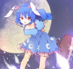 Rule 34 | 1girl, animal ears, arms behind back, bad id, bad pixiv id, blue dress, blue hair, blush, breasts, rabbit ears, collarbone, commentary request, cowboy shot, crescent, dress, earclip, full moon, hair between eyes, hasebe yuusaku, highres, kine, leaning forward, long hair, looking at viewer, mallet, medium breasts, moon, parted lips, petals, puffy short sleeves, puffy sleeves, red eyes, seiran (touhou), short sleeves, smile, solo, star (symbol), touhou