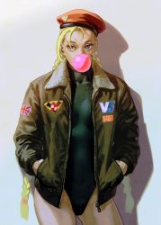 Rule 34 | 1girl, animal print, bad id, bad pixiv id, beret, bird print, blowing bubbles, bodypaint, bomber jacket, braid, cammy white, chewing gum, closed mouth, contrapposto, cowboy shot, eyelashes, fur trim, gluteal fold, hands in pockets, hat, highleg, highleg leotard, jacket, leotard, long hair, long sleeves, looking to the side, mouth hold, open clothes, open jacket, pocket, red hat, scar, shadow, sideways glance, solo, standing, street fighter, twin braids, twintails, ug (ugg), union jack, unzipped, very long hair