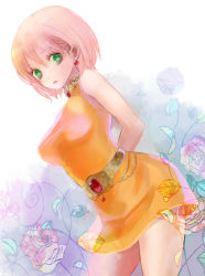 Rule 34 | 1girl, blush, breasts, dress, earrings, final fantasy, final fantasy v, green eyes, jewelry, kiisa, lenna charlotte tycoon, looking at viewer, open mouth, pink hair, short hair, skirt, solo