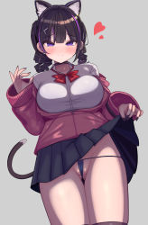 Rule 34 | 1girl, animal ear fluff, animal ears, black hair, black nails, black skirt, blue panties, blush, bow, breasts, cat ears, cat girl, cat tail, choker, closed mouth, clothes lift, collared shirt, dress shirt, drill hair, ear piercing, earrings, from below, grey background, hair ornament, heart, highres, jacket, jewelry, lifted by self, long hair, long sleeves, looking at viewer, looking down, medium breasts, multicolored hair, nail polish, off shoulder, open clothes, open jacket, original, panties, partially visible vulva, piercing, pink jacket, pleated skirt, purple eyes, purple hair, red bow, red choker, rose neru, shirt, simple background, skindentation, skirt, skirt lift, sleeves past wrists, smile, solo, streaked hair, tail, twin drills, twintails, underwear, white shirt, x hair ornament