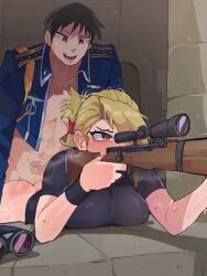 Rule 34 | 1boy, 1girl, amestris military uniform, animated, black hair, blonde hair, bolt action, bottomless, breasts, collared jacket, covered erect nipples, diforland, english text, fullmetal alchemist, gun, holding, holding gun, holding weapon, jacket, large breasts, live2d, military, military jacket, military uniform, rifle, riza hawkeye, roy mustang, scope, sex, sex from behind, shirt, short hair, sniper rifle, sound, sweat, trembling, uniform, video, weapon, yellow eyes