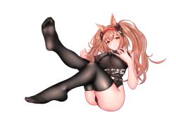 Rule 34 | 1girl, angelina (arknights), animal ears, arknights, bad id, bad pixiv id, black panties, black thighhighs, breasts, brown eyes, brown hair, covered erect nipples, earpiece, feet, feet up, fox ears, full body, hairband, highres, large breasts, lingluo, long hair, looking at viewer, no shoes, panties, red hairband, soles, solo, striped clothes, striped hairband, thighhighs, transparent background, twintails, underwear
