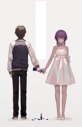 Rule 34 | 1boy, 1girl, 7wata himori, back, bare shoulders, barefoot, blue flower, brown hair, brown pants, closed eyes, closed mouth, cosmetics, dark-skinned female, dark skin, dress, fate/prototype, fate/prototype: fragments of blue and silver, fate (series), flower, full body, grey background, grey jacket, hassan of serenity (fate), highres, jacket, kitano tatsumi, lipstick tube, long sleeves, multicolored clothes, multicolored jacket, pants, purple hair, short hair, simple background, standing, two-tone jacket, white dress