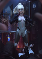 Rule 34 | 1girl, 3boys, black gloves, blonde hair, blue eyes, blurry foreground, bodysuit, boots, breasts, bullet hole, choker, city, cleavage, closed mouth, cropped jacket, cuffs, elevator, fingerless gloves, gloves, handcuffs, jacket, leotard, lips, looking at viewer, lying, medium breasts, multiple boys, navel, night, on back, open clothes, open jacket, original, pale skin, ponytail, pov, raikoart, science fiction, short hair, solo focus, tess turner, watermark, white choker, window