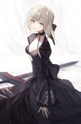Rule 34 | 1girl, artoria pendragon (all), artoria pendragon (fate), black bow, black choker, black dress, black ribbon, blonde hair, bow, braid, breasts, choker, cleavage, collarbone, commentary, dress, excalibur morgan (fate), fate/grand order, fate/stay night, fate (series), french braid, frills, hair between eyes, hair bow, hair bun, hair ribbon, highres, juliet sleeves, long sleeves, looking at viewer, open mouth, parted lips, pttyr, puffy sleeves, ribbon, saber alter, short hair, sidelocks, single hair bun, small breasts, solo, sword, weapon, white background, wide sleeves, yellow eyes