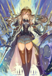 Rule 34 | 1girl, armor, bare shoulders, black thighhighs, blonde hair, blue eyes, breastplate, dress, elbow gloves, gauntlets, gloves, highres, holding, holding shield, holding sword, holding weapon, layered skirt, long hair, nagasawa tougo, open mouth, original, shield, skirt, solo, sword, thighhighs, tiara, weapon