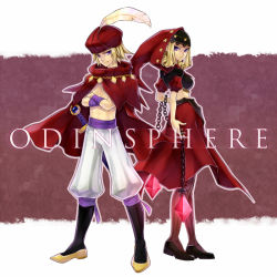 Rule 34 | 1boy, 1girl, bad id, bad pixiv id, blonde hair, brother and sister, cape, chain, copyright name, crossed arms, feathers, hat feather, hood, ingway (odin sphere), midriff, nanashi (nestica), odin sphere, pantyhose, purple eyes, shoes, siblings, sword, turban, velvet (odin sphere), weapon