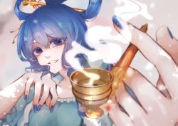 Rule 34 | 1girl, blue dress, blue eyes, blue hair, blue nails, breasts, collarbone, dress, drill hair, flower, grin, hair ornament, hair rings, hair stick, kaku seiga, kiseru, late (late327), looking at viewer, medium breasts, nail polish, perspective, smoking pipe, puffy short sleeves, puffy sleeves, shawl, short hair, short sleeves, smile, smoke, solo, touhou, twin drills, vest, white vest