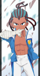 Rule 34 | 10s, 1boy, bandages, blue eyes, dark skin, dark-skinned male, earth eleven, inazuma eleven (series), inazuma eleven go, inazuma eleven go galaxy, jacket, looking at viewer, male focus, muscular, navel, official style, open clothes, open jacket, pants, petagon, solo, tetsukado shin, track jacket, track pants
