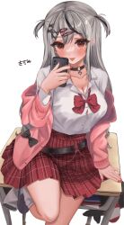 Rule 34 | 1girl, absurdres, belt, black belt, black bow, black choker, black footwear, black hair, blush, bow, breasts, cellphone, choker, cleavage, commentary request, grey hair, hair ornament, hairpin, heart, heart hair ornament, highres, holding, holding phone, hololive, jacket, kirimi, large breasts, long hair, multicolored hair, nail polish, o-ring, o-ring belt, o-ring choker, phone, pink jacket, red bow, red eyes, red nails, red skirt, sakamata chloe, shirt, shoes, short twintails, skirt, socks, streaked hair, tongue, tongue out, twintails, virtual youtuber, white shirt, white socks, x hair ornament