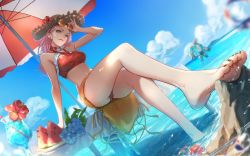 Rule 34 | 1girl, adjusting eyewear, ashe (overwatch), barefoot, beach, beach umbrella, bikini, black nails, bob (overwatch), breasts, closed mouth, cloud, cocktail glass, cup, day, detached collar, drink, drinking glass, drinking straw, earrings, eyewear on head, flower, flower in drink, food, fruit, full body, hand on eyewear, hat, hat flower, highres, jewelry, legs, lips, long hair, looking at viewer, medium breasts, mole, nail polish, nishikawa eito, ocean, official alternate costume, overwatch, overwatch 1, pink hair, plate, red bikini, red eyes, sarong, sitting, sitting on table, soaking feet, solo focus, straw hat, sunglasses, swimsuit, table, tablecloth, thighs, umbrella, water, watermelon, watermelon slice