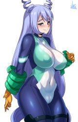 Rule 34 | 1girl, absurdres, blue eyes, blue hair, blush, bodysuit, boku no hero academia, breasts, cameltoe, cleft of venus, collarbone, covered navel, curvy, gloves, hadou nejire, highres, jmg, large breasts, long hair, looking at viewer, simple background, skin tight, smile, solo, standing, thick thighs, thigh strap, thighs, very long hair, white background