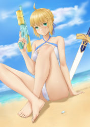Rule 34 | 1girl, absurdres, ahoge, arm support, artoria pendragon (fate), artoria pendragon (swimsuit archer) (fate), artoria pendragon (swimsuit archer) (first ascension) (fate), barefoot, bbdaoa (1446759744), beach, bikini, blonde hair, blue bow, blue sky, bow, braid, braided bun, cameltoe, cloud, collarbone, criss-cross halter, day, dutch angle, excalibur (fate/stay night), fate/grand order, fate (series), gun, hair bow, hair bun, halterneck, highres, holding, holding gun, holding weapon, indian style, ocean, outdoors, short hair, sitting, sky, solo, swimsuit, sword, water gun, weapon, white bikini