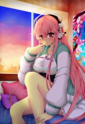 Rule 34 | 1girl, bed, bedroom, blush, breasts, criis-chan, finger to mouth, hair between eyes, hata no kokoro, headphones, indoors, jacket, jewelry, large breasts, long hair, long sleeves, looking at viewer, mask, necklace, nitroplus, on bed, open clothes, open jacket, pendant, pillow, pink hair, poster (object), puffy long sleeves, puffy sleeves, red eyes, shirt, sitting, smile, solo, sunset, super sonico, taut clothes, taut shirt, touhou, very long hair, watermark, web address, window