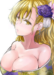 Rule 34 | 1girl, alternate costume, alternate hairstyle, bare shoulders, blonde hair, blush, breasts, cleavage, collarbone, colored eyelashes, commentary request, ear piercing, floral print, flower, from side, hair between eyes, hair flower, hair ornament, highres, japanese clothes, kimono, large breasts, long hair, looking at viewer, looking to the side, nose blush, off shoulder, parted lips, piercing, solo, touhou, upper body, y2, yakumo yukari, yellow eyes