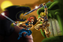 Rule 34 | 2boys, armor, blonde hair, crossover, fighting, fur, he-man, lion-o, masters of the universe, mistermoster, mountain, multiple boys, non-web source, orange fur, orange hair, sun, sword, thundercats, weapon