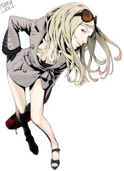Rule 34 | 1girl, absurdres, bent over, blonde hair, breasts, cleavage, eyewear on head, gloves, grasshopper manufacture, hand on own hip, head tilt, highres, jacket, key, kozaki yuusuke, long hair, no more heroes, sandals, shadow, solo, sunglasses, sylvia christel, white background