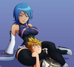 Rule 34 | 1boy, 1girl, aqua (kingdom hearts), bare shoulders, black thighhighs, blonde hair, blue background, blue eyes, blue hair, blush, breasts, closed mouth, detached sleeves, hetero, highres, kingdom hearts, kingdom hearts birth by sleep, large breasts, lips, looking at another, matching hair/eyes, ravenravenraven, short hair, simple background, sitting, square enix, thick thighs, thighhighs, thighs, ventus (kingdom hearts)