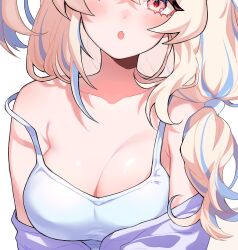 Rule 34 | 1girl, blonde hair, blue hair, blush, breasts, cleavage, close-up, collarbone, commentary, english commentary, eyelashes, fang, fuwawa abyssgard, hololive, hololive english, long hair, multicolored hair, off shoulder, open mouth, pink eyes, savi (byakushimc), skin fang, solo, streaked hair, tank top, virtual youtuber, white tank top
