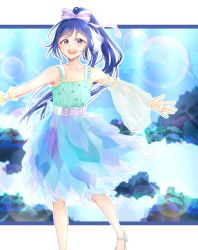 Rule 34 | 1girl, air bubble, aqua bow, aqua dress, aqua skirt, artist name, artist request, back bow, bare legs, bare shoulders, blue hair, blush, bow, breasts, bubble, collarbone, corset, cross-laced clothes, cross-laced dress, dress, female focus, fish, frilled dress, frilled skirt, frills, green dress, green skirt, hair between eyes, hair bow, high heels, high ponytail, highres, long hair, looking at viewer, love live!, love live! school idol festival, love live! sunshine!!, matsuura kanan, miwo classic, motto ne!, multicolored clothes, multicolored skirt, ocean, outstretched arms, parted lips, polka dot, polka dot dress, ponytail, purple bow, purple eyes, riharu (miwo classic), see-through, see-through sleeves, single sleeve, skirt, small breasts, smile, solo, star (symbol), tsukushi (miwo classic), underwater, white corset, white footwear, white wrist cuffs, wrist cuffs