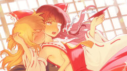 Rule 34 | ^ ^, ascot, blonde hair, blush, brown hair, closed eyes, cup, detached sleeves, grabbing, grabbing another&#039;s breast, grabbing from behind, hakurei reimu, hand under clothes, highres, japanese clothes, kirisame marisa, long hair, miko, open mouth, sakazuki, sideless outfit, sliding doors, spilling, surprised, touhou, velkia, yellow ascot, yuri