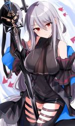 Rule 34 | 1girl, arknights, bare shoulders, black legwear, blush, breasts, closed mouth, clothing cutout, detached sleeves, grey hair, hair between eyes, highres, kinona, large breasts, long hair, looking at viewer, red eyes, skadi (arknights), skadi (elite ii) (arknights), solo, thigh cutout, thigh strap, thighs, weapon