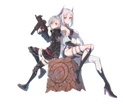 Rule 34 | 2girls, asymmetrical bangs, back-to-back, black footwear, black gloves, black legwear, bodysuit, boots, breasts, camouflage, closed mouth, closers, fingerless gloves, gloves, grey hair, gun, high heel boots, high heels, holding, holding gun, holding weapon, jacket, kriss vector, large breasts, levia (closers), light purple hair, light smile, long hair, looking at another, multiple girls, ponytail, sideboob, sidelocks, simple background, sitting, smile, submachine gun, supernew, thighhighs, tina (closers), trigger discipline, very long hair, weapon, white background