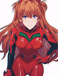 Rule 34 | 1girl, artist request, blue eyes, bodysuit, breasts, brown hair, hair ornament, hand on own hip, highres, long hair, looking at viewer, neon genesis evangelion, plugsuit, red bodysuit, simple background, smile, solo, souryuu asuka langley, white background, wide hips