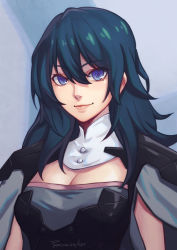 1girl armor artist_name blue_eyes blue_hair breasts byleth_(female)_(fire_emblem) byleth_(fire_emblem) cape cleavage closed_mouth fire_emblem fire_emblem:_three_houses grey_cape hair_between_eyes long_hair looking_at_viewer medium_breasts nintendo phrecklesart pink_lips shoulder_armor smile solo super_smash_bros. upper_body