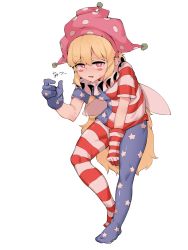 Rule 34 | 1girl, american flag pants, american flag shirt, blonde hair, blue gloves, breasts, clownpiece, fairy wings, gloves, hair between eyes, hand up, hat, highres, jester cap, long hair, looking at viewer, neck ruff, no shoes, open mouth, pants, pantyhose, pink eyes, pink hat, polka dot, red gloves, shirt, short sleeves, simple background, small breasts, solo, soya6479, standing, star (symbol), star print, striped clothes, striped gloves, striped pants, striped shirt, sweat, sweatdrop, tears, teeth, touhou, translation request, white background, white gloves, wings