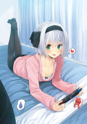 Rule 34 | 1girl, bed, bed sheet, black pantyhose, black ribbon, black skirt, breasts, cleavage, contemporary, curtains, downblouse, green eyes, hair ribbon, handheld game console, heart, highres, indoors, inkling, konpaku youmu, looking at viewer, lying, miniskirt, nigo (aozoragarou), nintendo switch, on bed, on stomach, pantyhose, ribbon, short hair, silver hair, skirt, small breasts, smile, solo focus, spoken heart, spoken sweatdrop, sweatdrop, tongue, tongue out, touhou