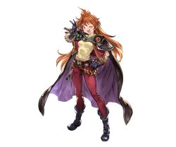 Rule 34 | 10s, 1girl, ;d, black footwear, black gloves, boots, cape, earrings, fang, full body, gloves, granblue fantasy, headband, hoop earrings, jewelry, lina inverse, long hair, matching hair/eyes, minaba hideo, necklace, official art, one eye closed, open mouth, orange eyes, orange hair, pants, slayers, smile, solo, transparent background