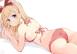 Rule 34 | 1girl, ass, atelier (series), atelier firis, bad id, bad pixiv id, bare arms, bikini, blonde hair, blue eyes, blush, bow, closed mouth, hair bow, halterneck, highres, ilmeria von leinweber, long hair, looking at viewer, lying, minidraco, on stomach, pink bikini, shiny skin, shoulder blades, simple background, smile, solo, string bikini, striped, striped bow, swimsuit, white background