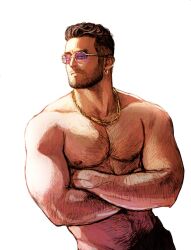 Rule 34 | 1boy, arm hair, bara, beard stubble, black hair, bota86mochi, chain, chain necklace, chest hair, crossed arms, earrings, facial hair, frown, gold necklace, hairy, half-closed eyes, jewelry, male focus, mature male, muscular, muscular male, mustache stubble, navel hair, necklace, nipples, original, pectorals, pink-tinted eyewear, short hair, sideburns, simple background, solo, stubble, sunglasses, tinted eyewear, topless male, upper body, wavy hair, white background, yellow-framed eyewear