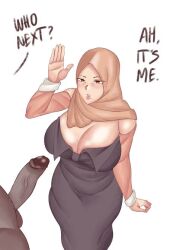 Rule 34 | 1boy, 1girl, breasts, brown eyes, cleavage, dark-skinned female, dark skin, dress, fat, fat man, hands up, hijab, imminent penetration, large breasts, long dress, mature female, no bra, one-piece dress, penis, prostitution, simple background, white background