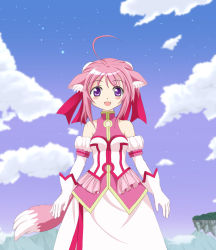 Rule 34 | 10s, 1girl, ahoge, animal ear fluff, animal ears, bare shoulders, cloud, day, dog days, dog ears, dog girl, dog tail, dress, gloves, highres, kahis (sweetbriar), millhiore f. biscotti, open mouth, pink hair, purple eyes, seven arcs, sky, smile, solo, tail, white gloves